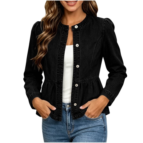 Gytharion Women's Peplum Denim Jackets Button Front Collarless Cut Peplum Jackets Long Sleeve Flared Hem Jean Jackets with Pockets