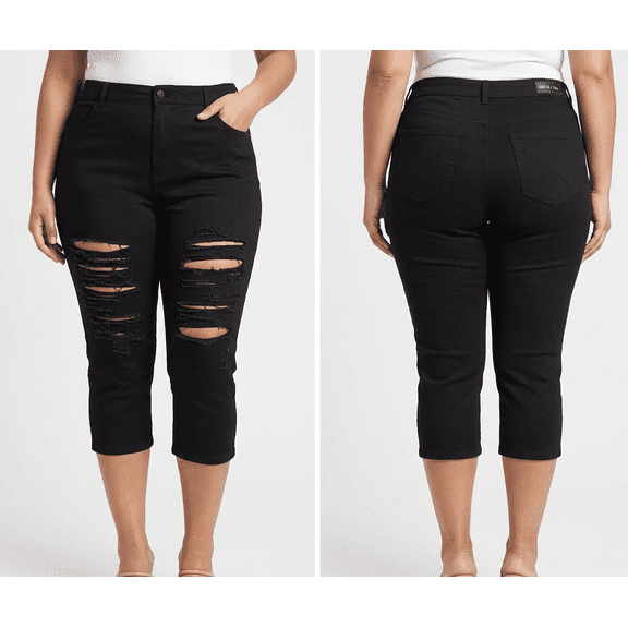 Jack David Women's Plus size Black capri bermuda distressed ripped denim jeans