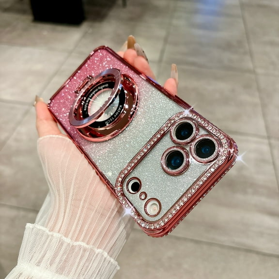 Magnetic Case for iPhone 16e with Holder Stand, Rhinestone Glitter Plated Bling Luxury Phone Case Compatible with MagSafe Shockproof Kickstand Design for iPhone 16e - Pink