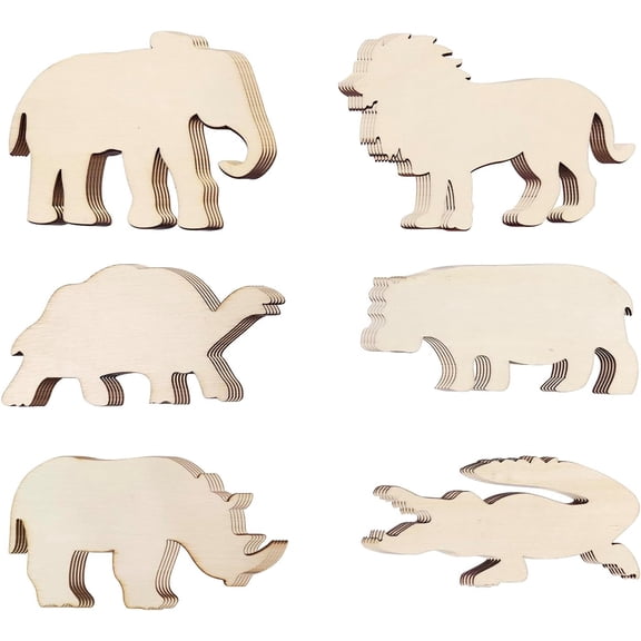 30 Pack Unfinished Wood Animal Cutouts Jungle Animal Crafts Wood Elephant, Rhino, Lion, Hippo, Crocodile, Turtle Cutouts to Paint Wooden Safari Animal Hanging Ornaments DIY Gift Tags