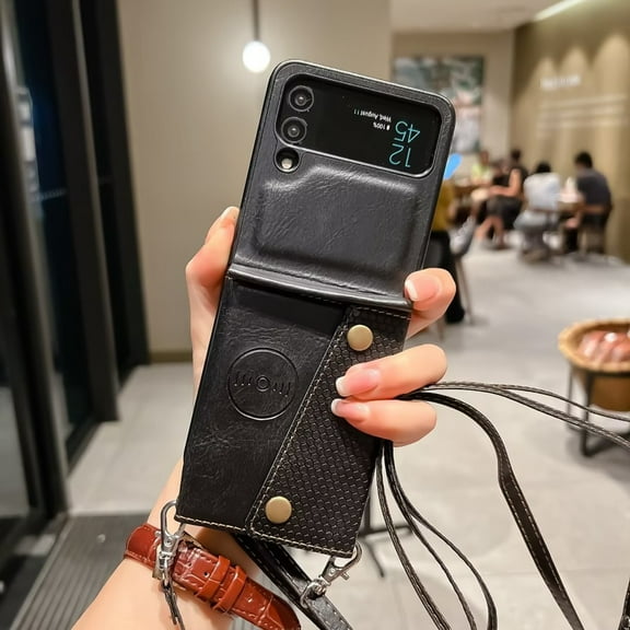 Compatible with Samsung Galaxy Galaxy Z Flip 4 Wallet Case with Lanyard Strap Ultra Thin Leather Girly Case-Black