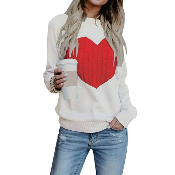 Sweaters for Women Valentine's Day Gift Long Sleeve Crewneck Cute Heart Print Knitted Pullover Sweaters Shermie