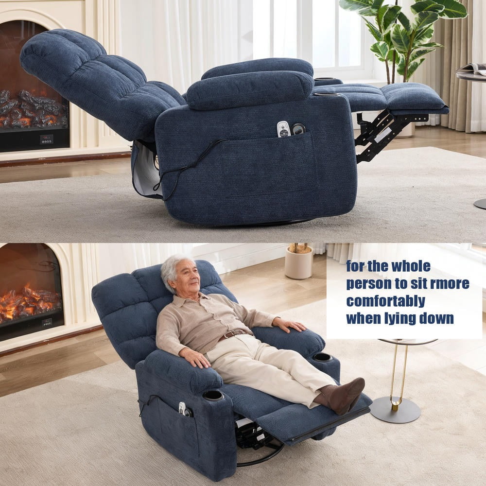 GVN Manual Rocker Recliner with Heat Massage, Swivel Motion, Durable Fabric for Lounge, Blue