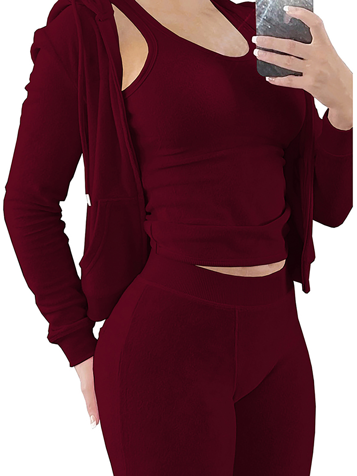 Glookwis Ladies Tracksuit Set Solid Color Soft 3 Pieces Outfit Elastic