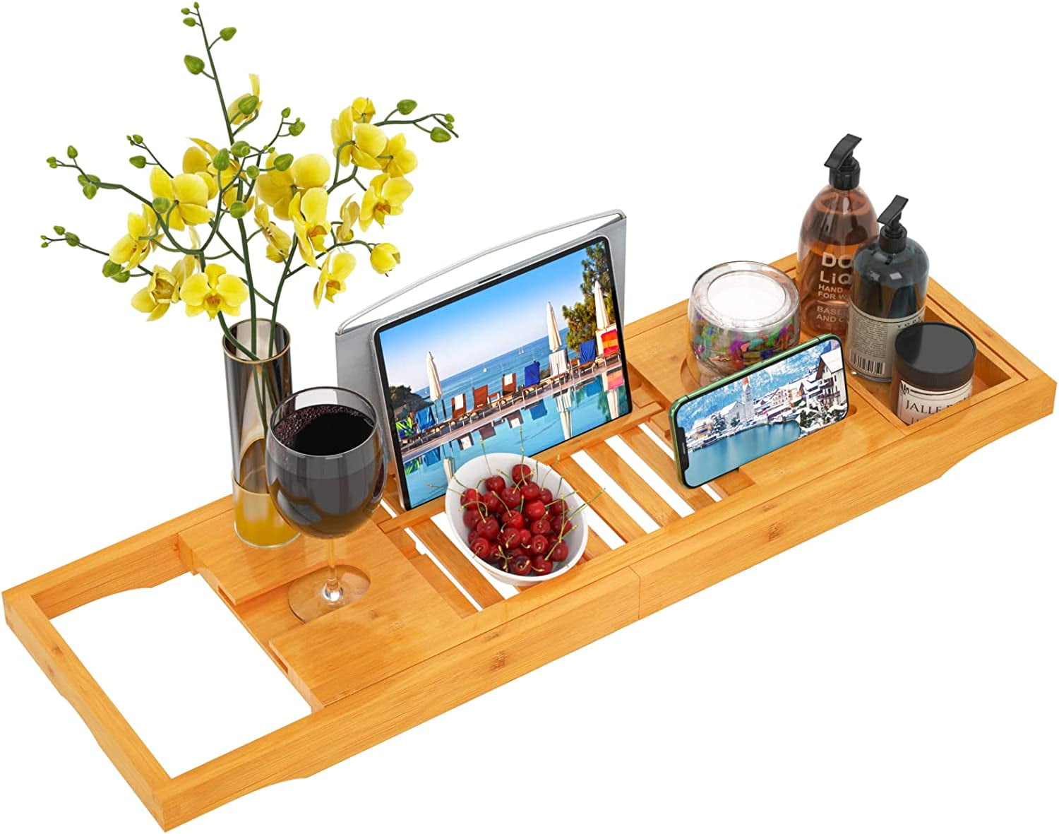 Pipishell Bath Tray Bamboo Bathtub Tray Caddy Expandable Wood Tray with