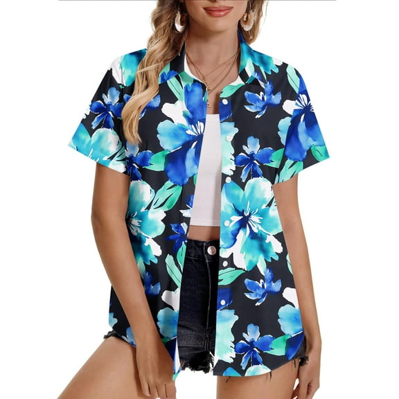 Pincandy Women's Hawaiian Shirts Summer Plus Size Beach Shirt Short Sleeve Button Up Tops Cool Floral Tropical Printed Blouses