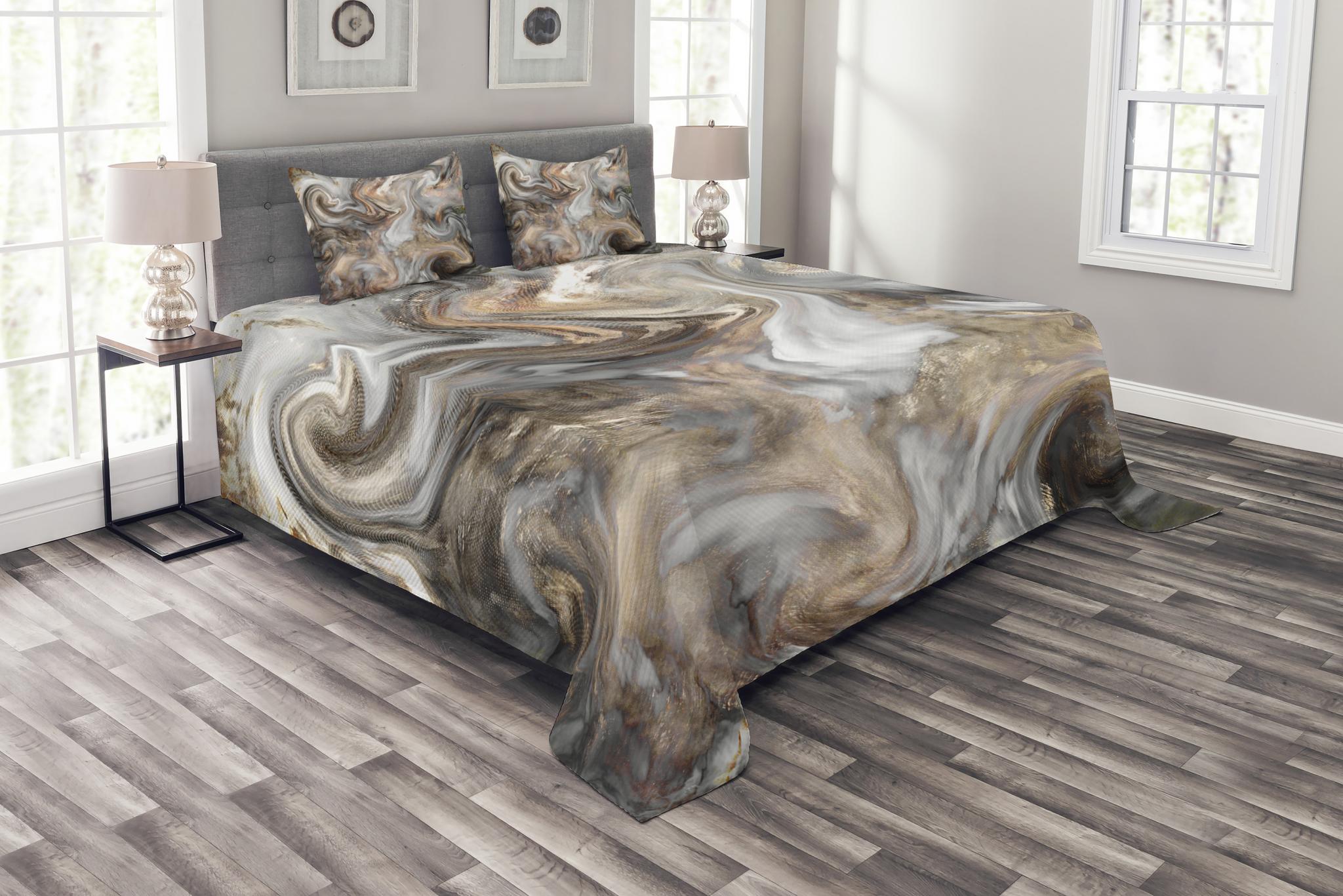 Marble Bedspread Set Queen Size, Retro Style Paintbrush Colors in