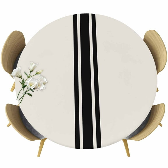 Black Geometric Stripe, Table Cloth, Round Fitted Tablecloths with Elastic Edge, Abstract Farmhouse Style Wipeable Waterproof Table Cover for Kitchen Wedding 36-44 Inches