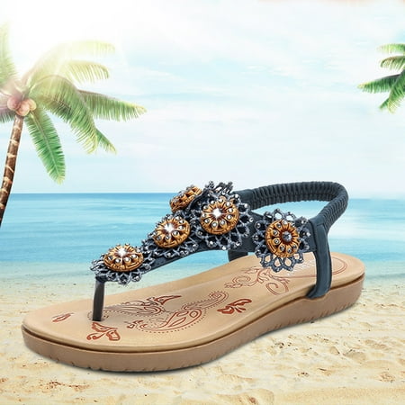 

〖Yilirongyumm〗 Blue 38 Sandals Women Elastic Band Bead Bohemian Beach Women String Shoes Sandals Ladies Casual Women s Sandals