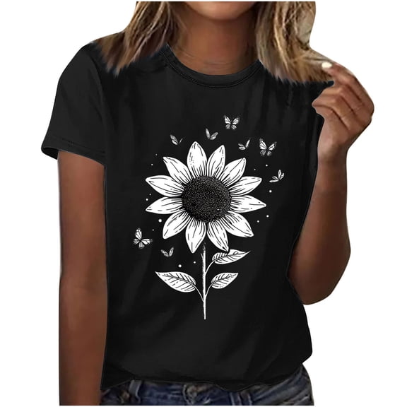 Sokhug Flower Shirt for Women Crewneck Graphic Tee Short Sleeve Floral Tops