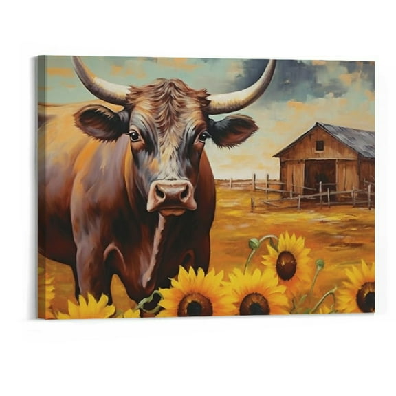 PRATYUS Cow Pictures Wall Decor Texas Longhorn Wall Art Cute Cow Canvas Farmhouse Country Barn Cow Painting Cow Oil Painting Cow Wall Decor Home Decor For Bedroom Bathroom Kitchen 20x16 Inch