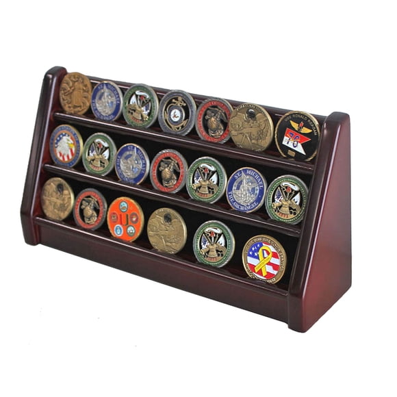 3 Rows Military Challenge Coin Holder Display Stand, Solid Rack Shelves, Mahogany Finish
