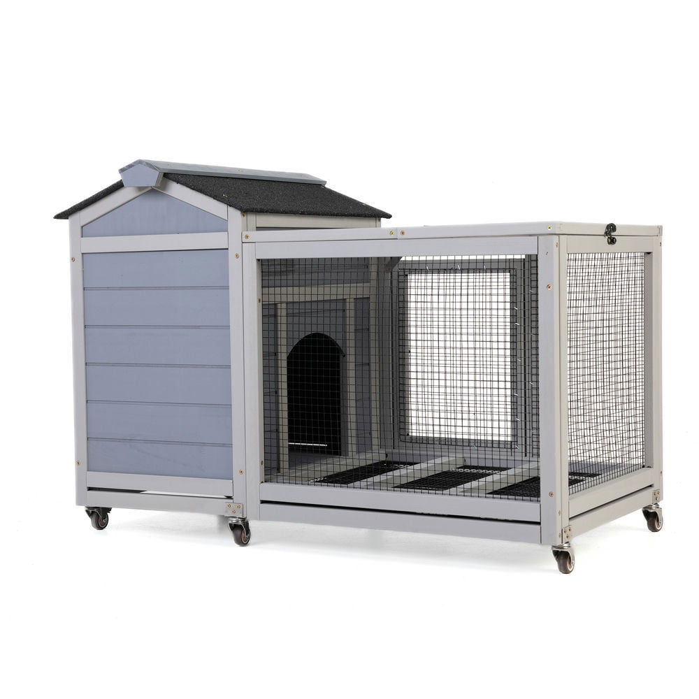 Spaco Wooden Rabbit Hutch, Small Animal House with Casters, Bunny Cage Pet House for Rabbits, Ducks, Squirrels, and Guinea Pigs, Grey