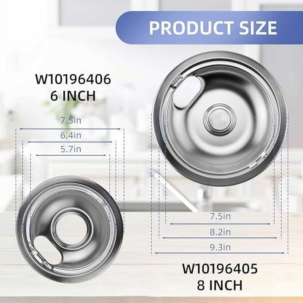 W10196406 and W10196405 Chrome Stove Burner Drip Pan Set for Whirlpool Amana Maytag Magic-Chef Kenmore Electric Range with Locking Slot, Includes 2 6-Inch and 2 8-Inch Drip Bowls