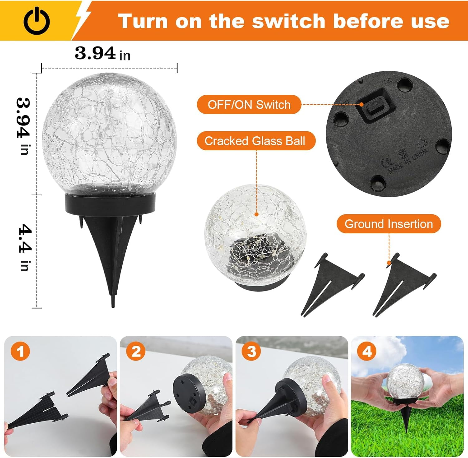 Garden Solar Ball Lights Solar Globe Lights Outdoor Waterproof LED Cracked Glass Globe Solar Power Ground Lights for Garden, Patio, Yard, Lawn and Backyard Decor - Solar Orbs for Outside Decorations