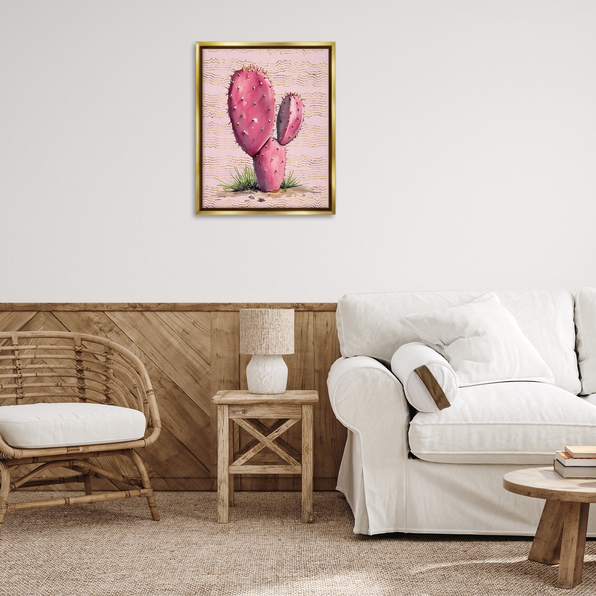 Stupell Industries Pink Prickly Pear Cactus Plants & Flowers Painting Gold Floater Framed Canvas Art Print Wall Art, 25 x 31