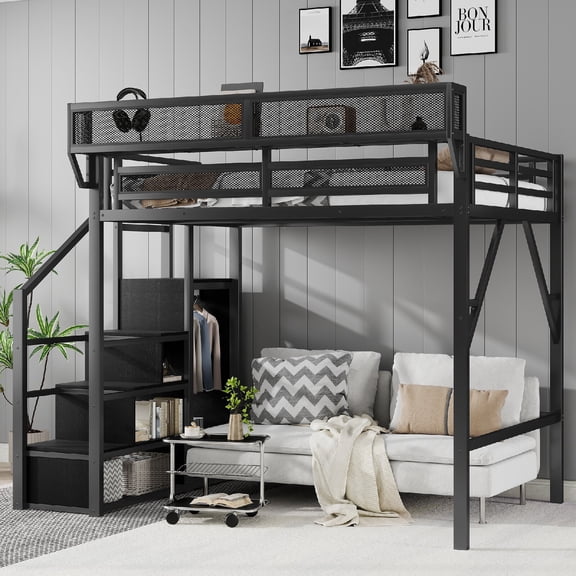 Full Size Loft Bed Frame with Wardrobe and Storage Shelves, Metal Full Loft Bed with Staircase Safety Guard Rails for Bedroom, Apartment, Dorm, Space-saving Design, Mattress Not Included, Black