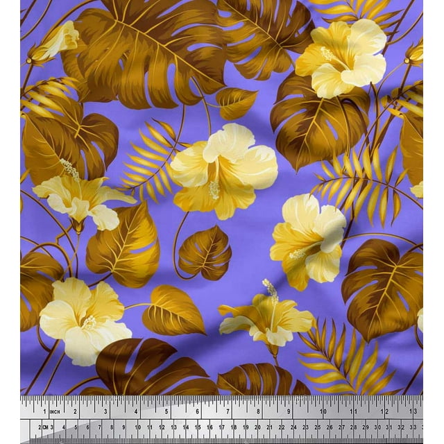 Soimoi Polyester Crepe Fabric Floral & Leaves Tropical Print Sewing Fabric Yard 42 Inch Wide