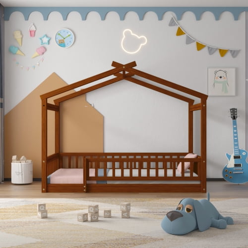 Tamaño doble cama de madera casa cama marco con cerca, para niños, adolescentes, niñas, niños