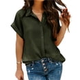 thumbnail image 1 of Camisa verde oliva de manga corta, holgada, de botonadura sencilla, cuello vuelto, diseño de color puro, talla M para mujer, 1 of 3
