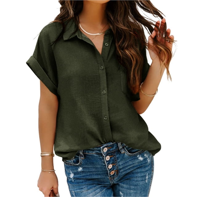 Camisa verde oliva de manga corta, holgada, de botonadura sencilla, cuello vuelto, diseño de color puro, talla M para mujer