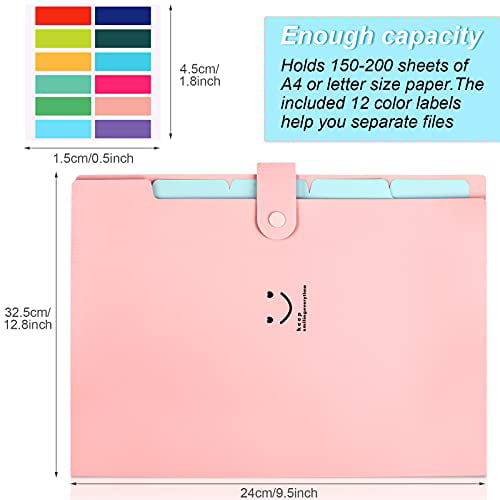 Cute Folders with 5 Pockets for School Home Work Office Plastic Paper Organizer Folder with Labels Pink & Jade 2 Pack Expanding File Folders Letter A4 Paper Expanding Folder with Snap Closure