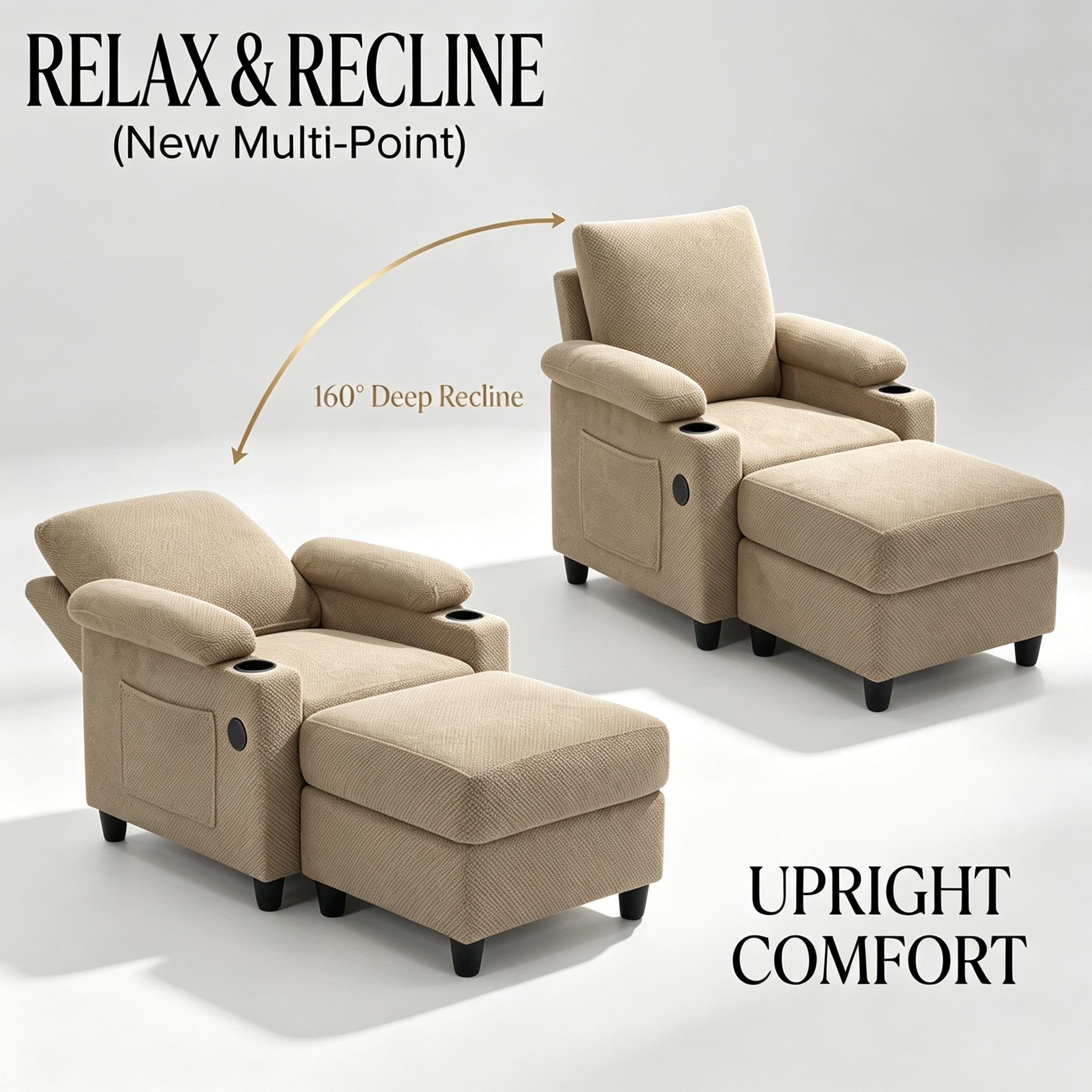 Aukfa Accent Chair with Storage Ottoman & Cup Holders, Convertible Sleeper Recliner Lounge Chair with Adjustable Backrest, USB-C Port & Side Pocket, Camel