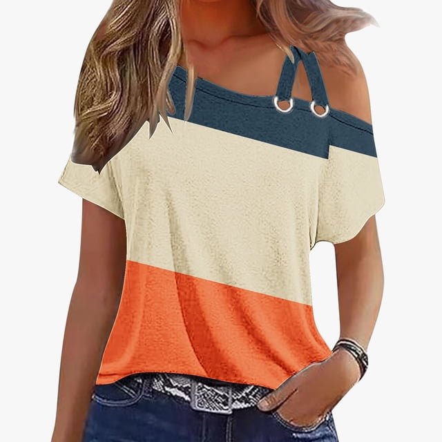 UPPADA Chemises d'Été Tendance pour Femmes Col Rond Épaules Dénudées Hauts Couleur Unie Mode Décontractée Ajustée pour Entraînement Orange,m