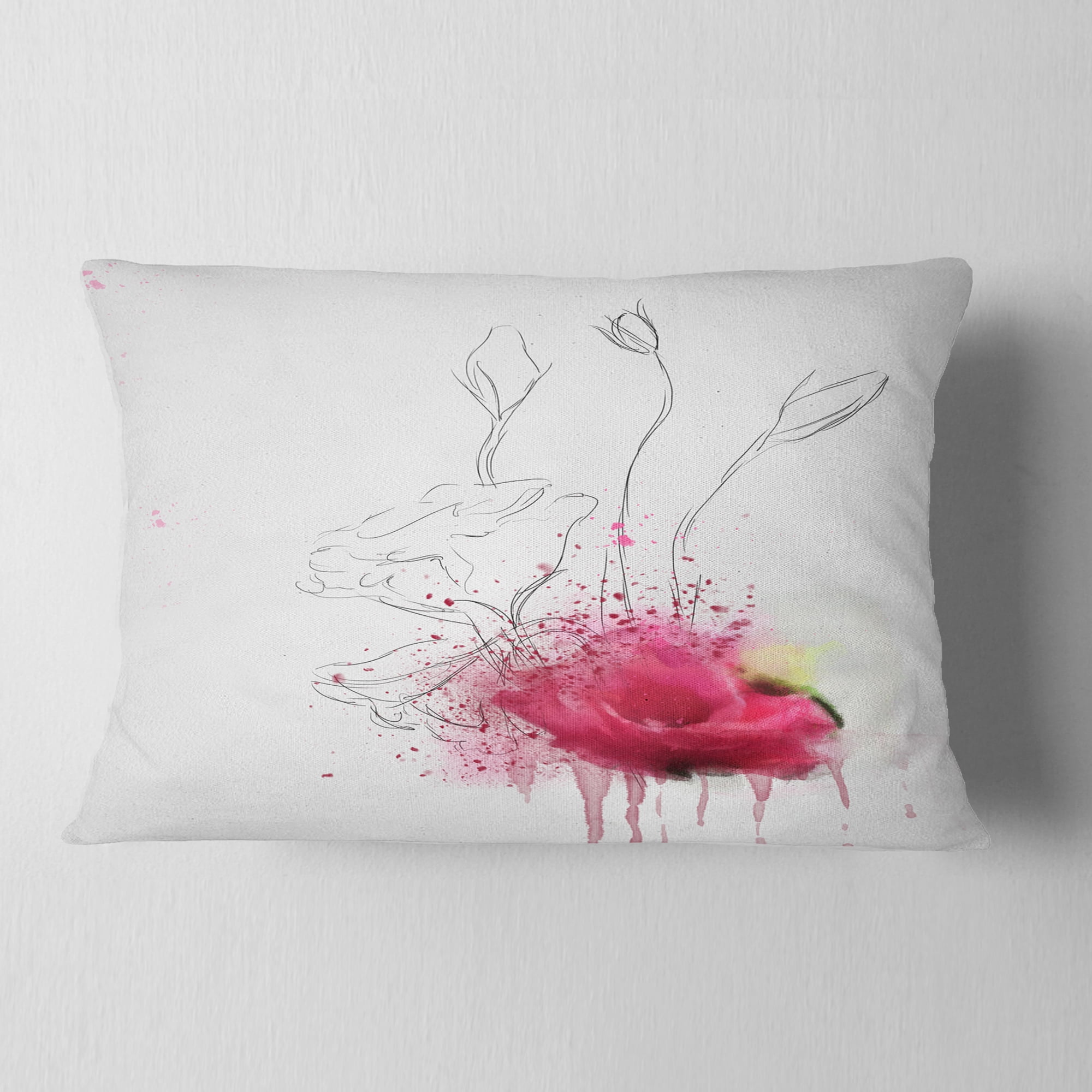 Designart Rose Flowers Sketch with Color Splashes - Floral Throw Pillow - 12x20