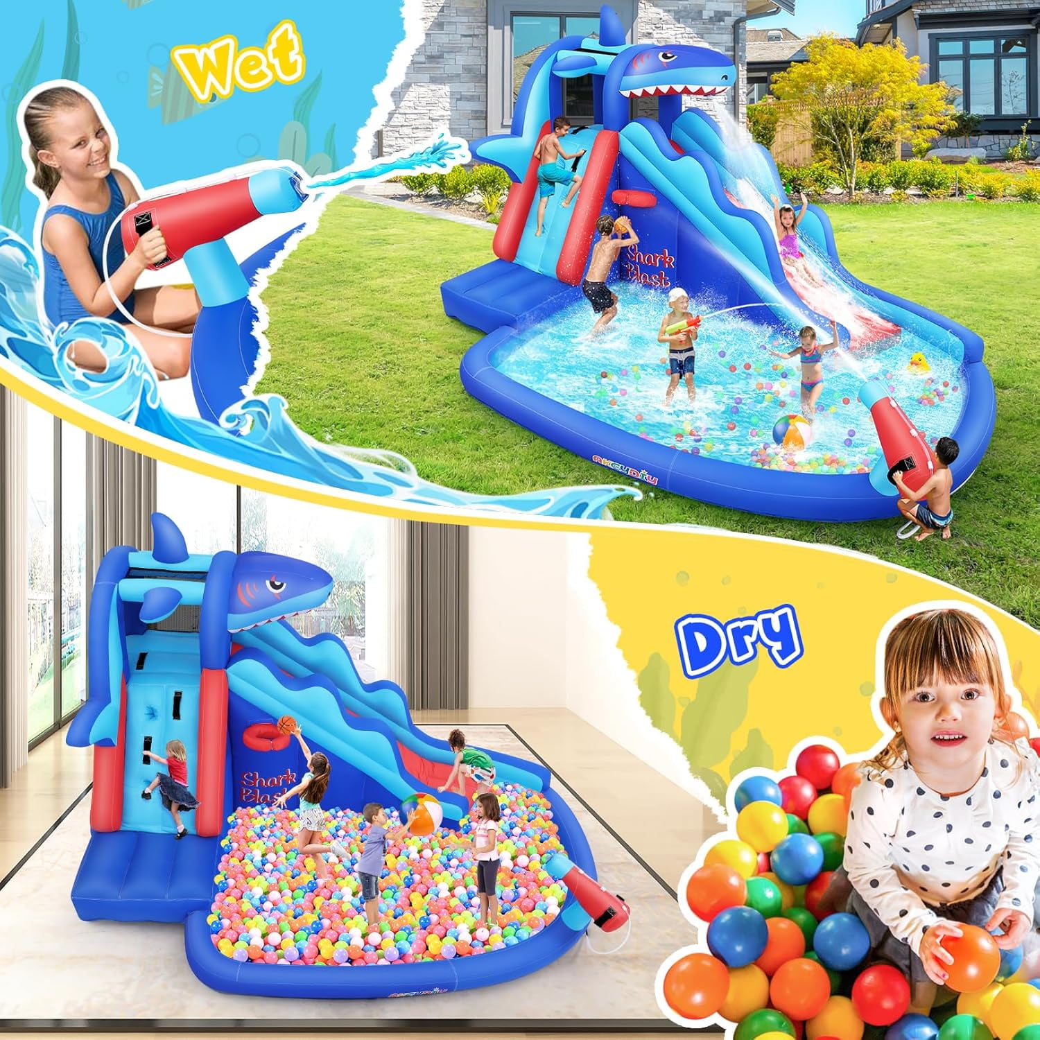 Veeboto Inflatable Water Slide with 480W Blower, Indoor and Outdoor Shark Design Bouncy House with Slide, Climbing Wall, Pool, Water Cannon, Water Park Suitable for Ages 3-8