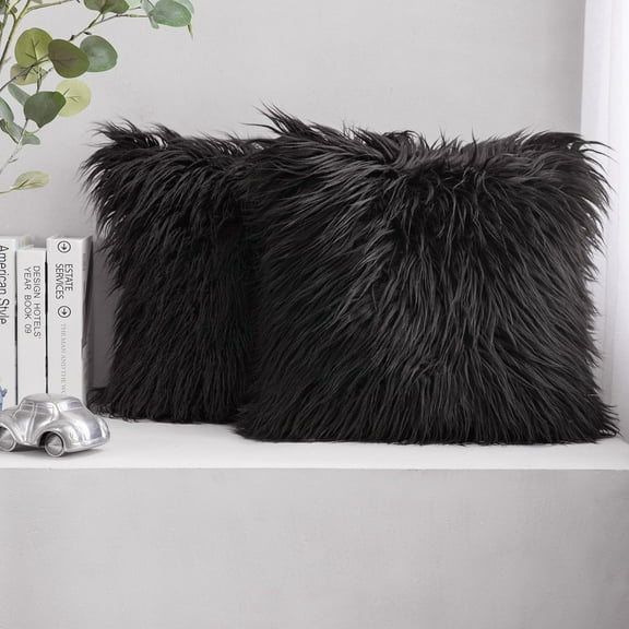 2 Pieces of Faux Fur Solid Pillow Decoration Pillowcase Cushion Cover Luxurious Soft Halloween Decoration Pillowcase Bed/sofa Fuzzy Pillowcase, Black 18 X 18 Inches