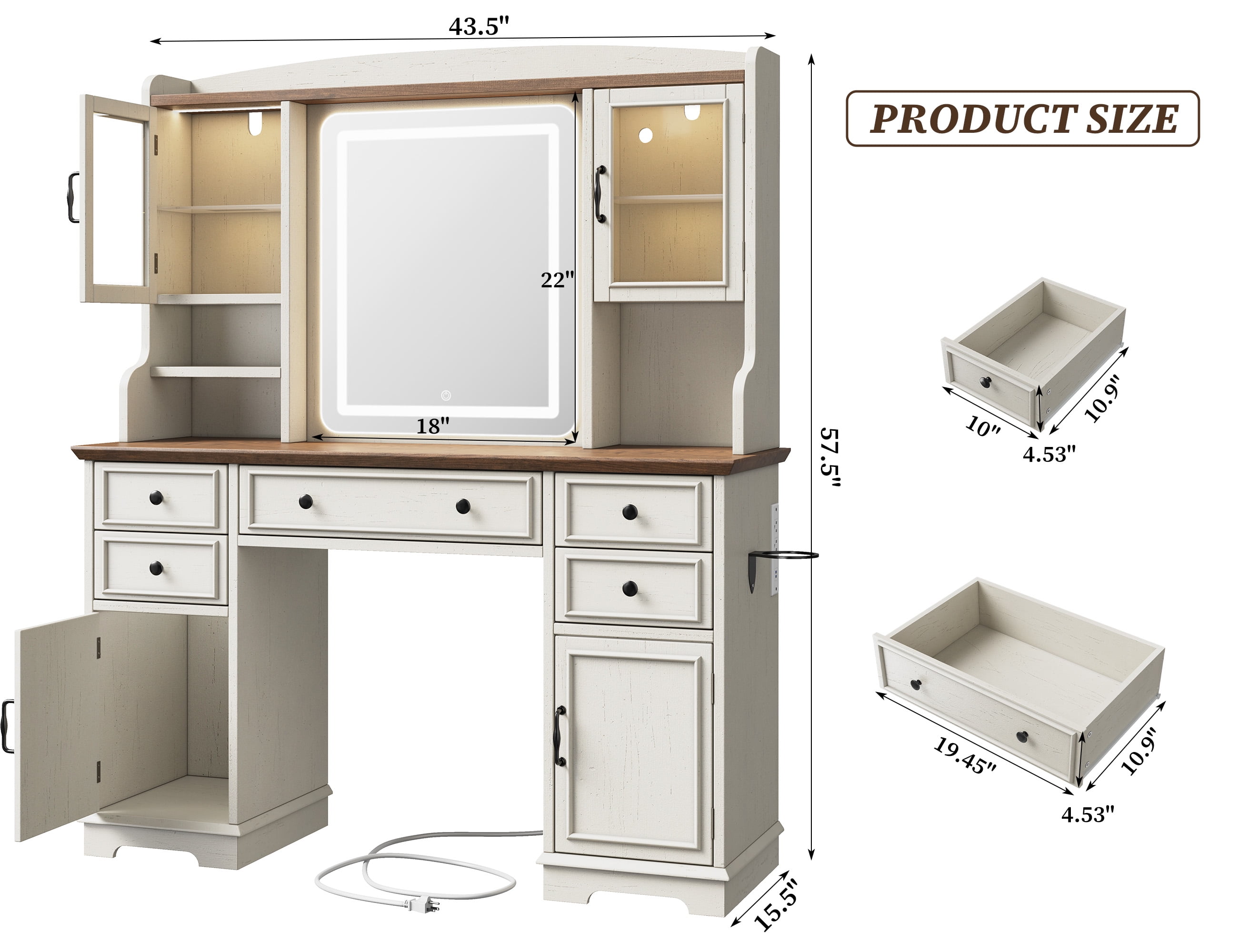 EnHomee Farmhouse Vanity Desk with Mirror and Lights White Vanity with Lighted Mirror Makeup Vanity Set with RGB Cabinets and Storage Drawers