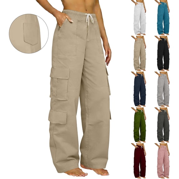Women's High Waisted Work Pants with Drawstring, Loose Fit Cargo Pants with Multiple Pockets, Casual Straight Leg Trousers for Daily Wear, Streetwear and Outdoor Activities-Black