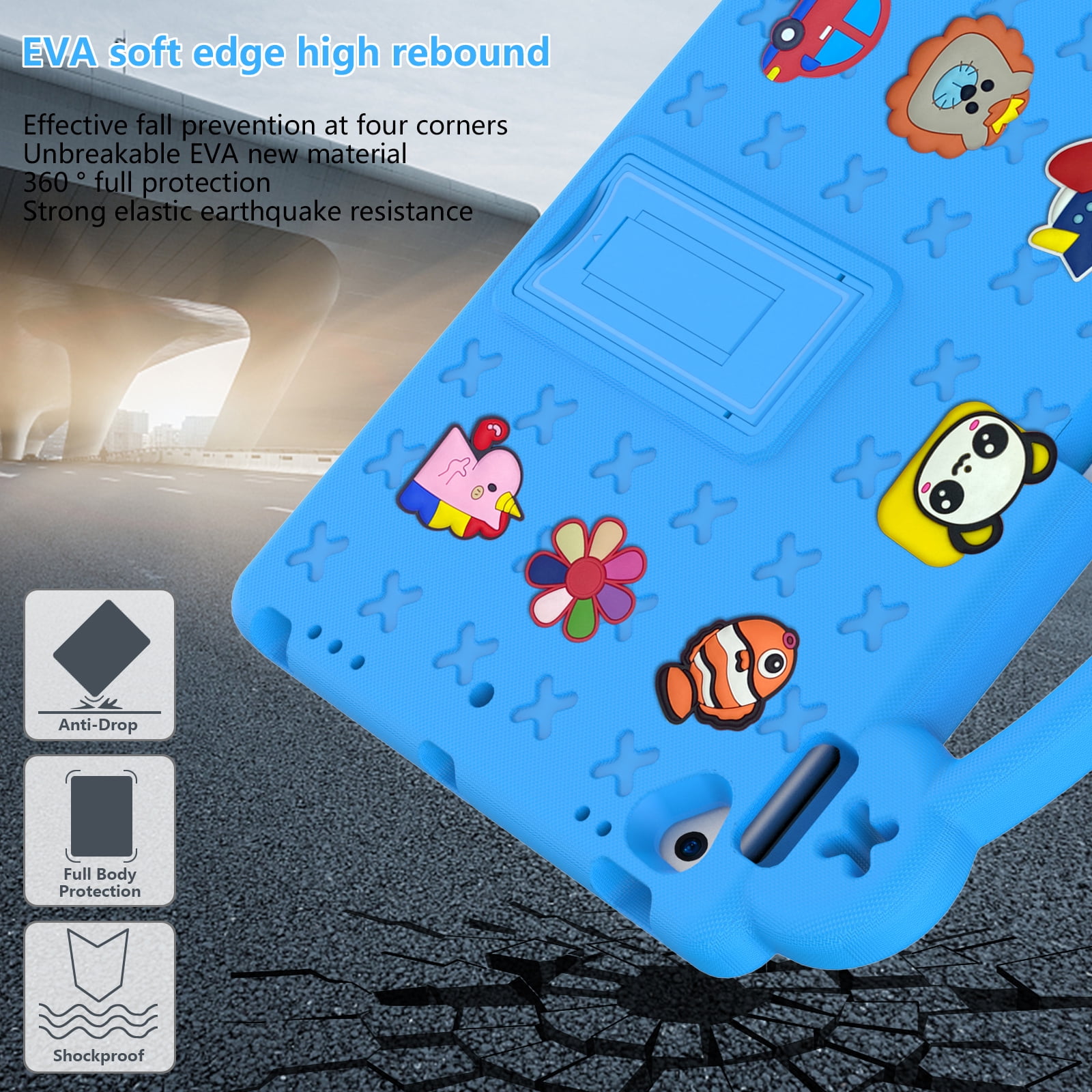 ELEHOLD Kids Case for iPad 9th/8th/7th Gen (2021/2020/2019)10.2 inch, EVA Foam Cute Cartoon Case with Built-in Kickstand Pencil Holder Shockproof Portable Case for iPad 10.2",Skyblue