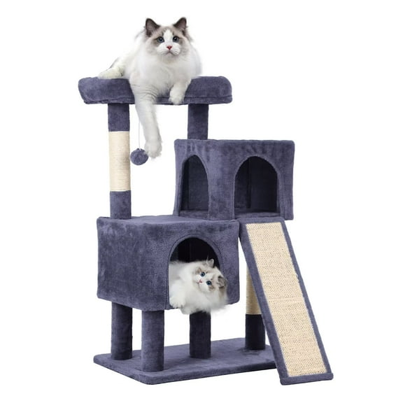 YRLLENSDAN 36 Inchs Small and Short Cat Tree with Two Comfortable Condos, 2 Level Modern Cat Tower with Scratching Post, Cat Condos with Climbing Ladder for Indoor Cats, Dark Grey