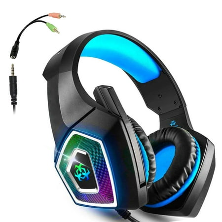 Gaming Headset  Noise Cancelling Headphone with Microphone for PS4  Xbox One  Over-Ear Gaming Headphones with Stereo Sound LED Light (Blue)