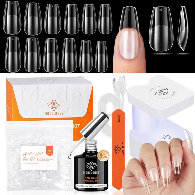 Kit de puntas de gel para uñas Modelones, ataúd mediano con lámpara UV, 216 unidades