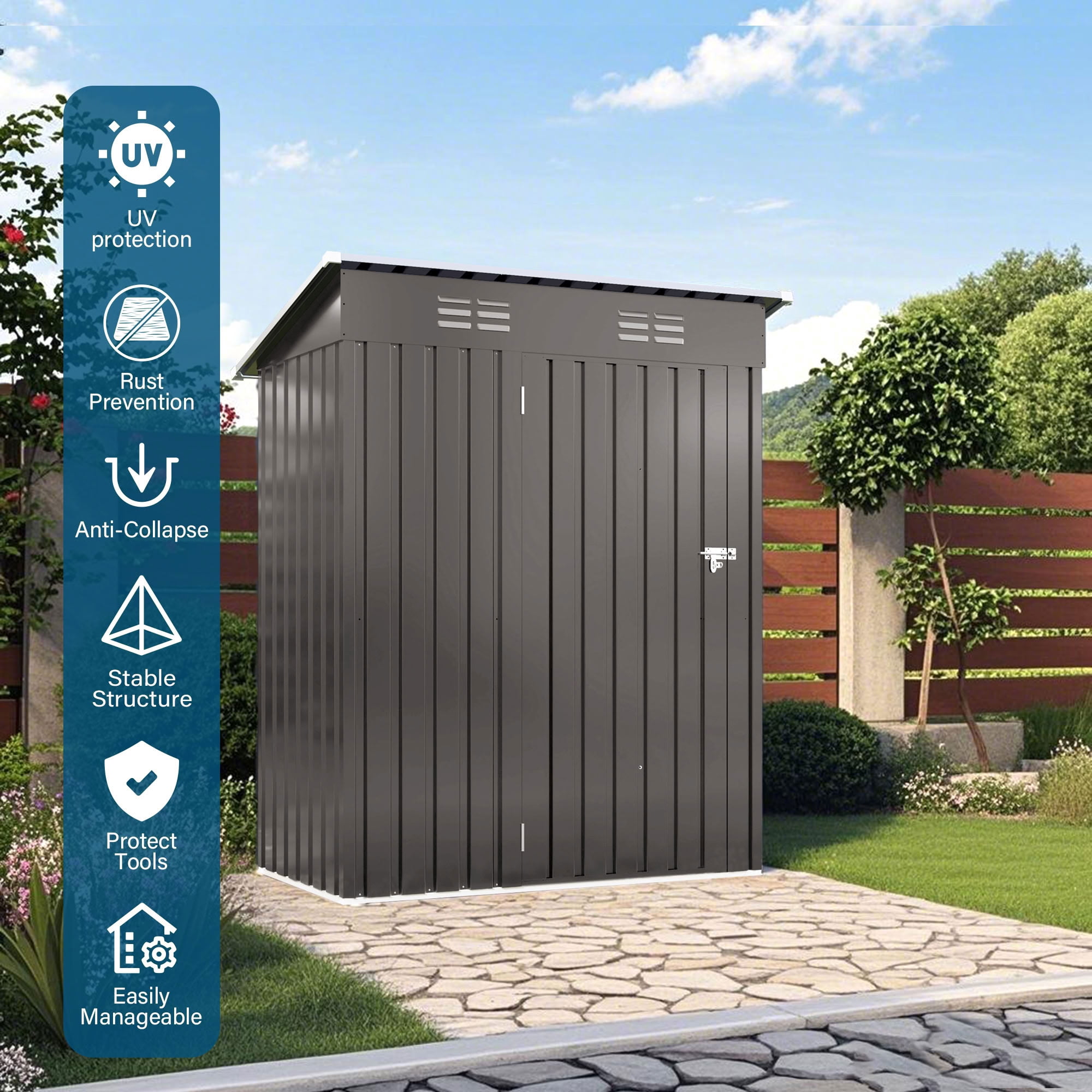 MAYEERTY 5x3 FT Metal Outdoor Storage Shed, Tool Shed with Pitched Roof & Lockable Door, for Garden, Backyard, Patio, Bike & Sundries Storage, Gray
