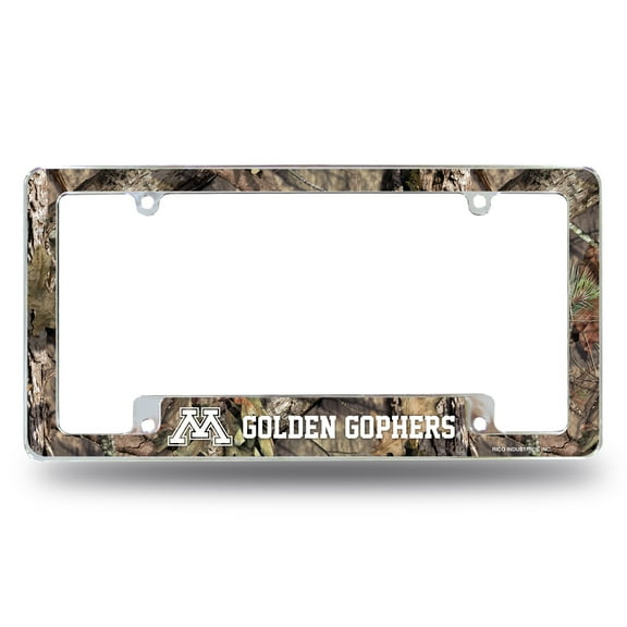 Minnesota NCAA Golden Gophers Chrome Metal License Plate Frame with Bold Mossy Oak Camouflaged Camo Design