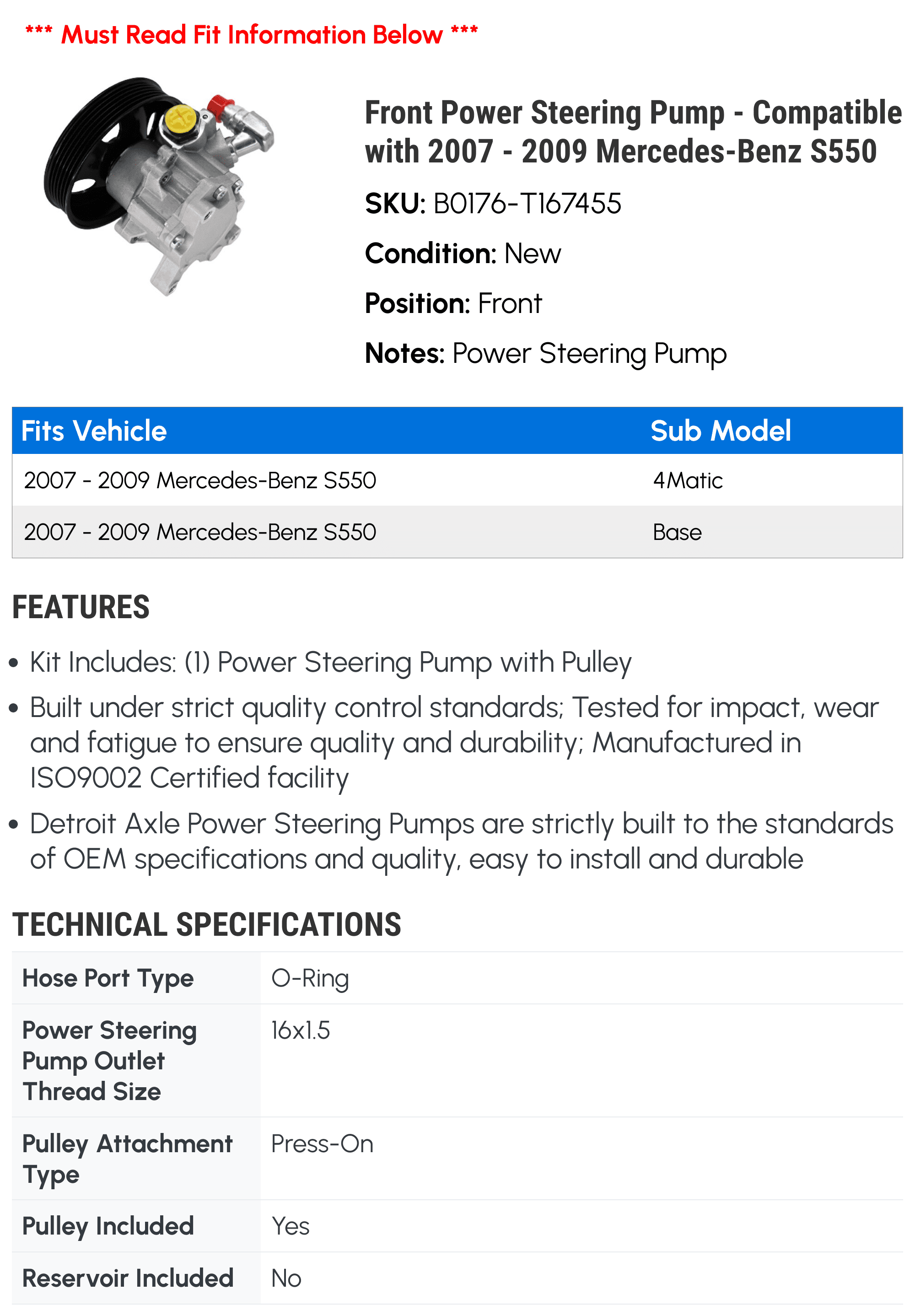 Front Power Steering Pump - Compatible with 2007 - 2009 Mercedes-Benz S550 2008