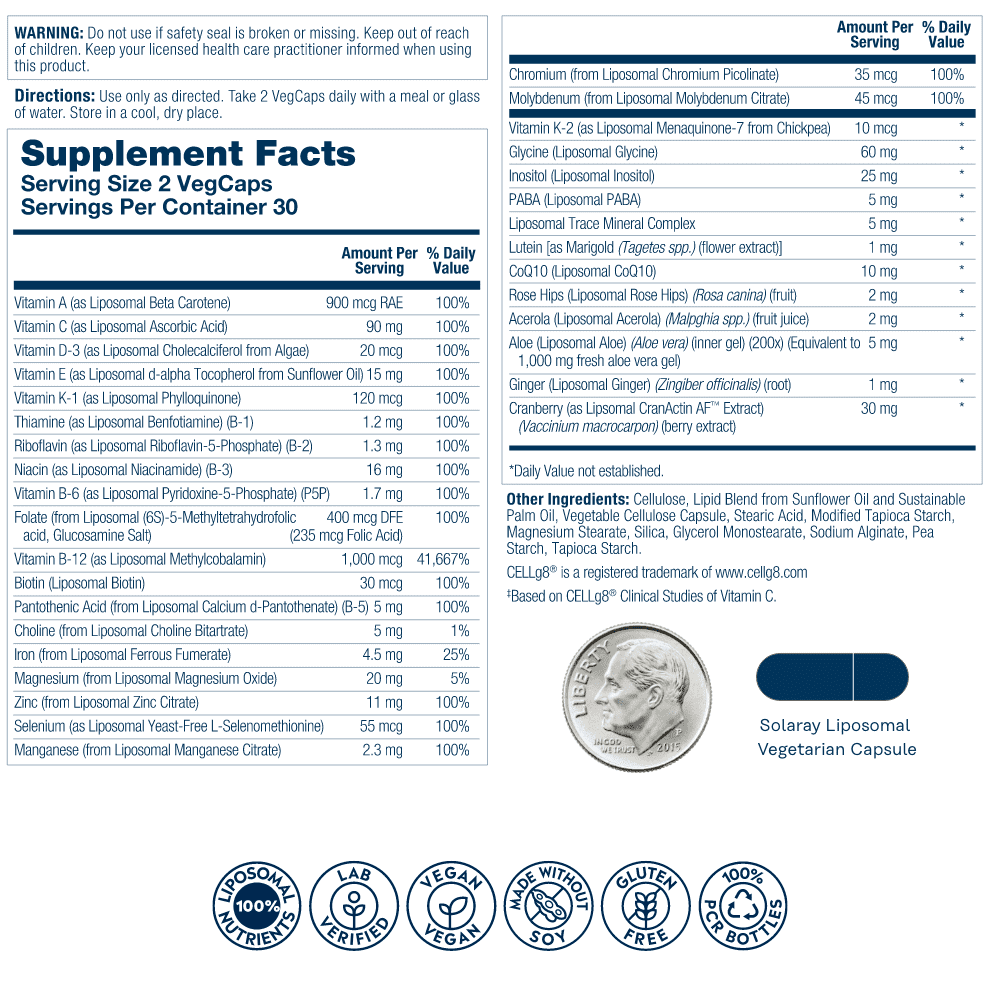 Solaray Liposomal Multivitamin for Women 50 Plus, Enhanced Absorption with Iron, Vitamin D, Vitamin C, B12, Biotin & More, Immune Support & Bone Health, Vegan, 30 Servings, 60 VegCaps