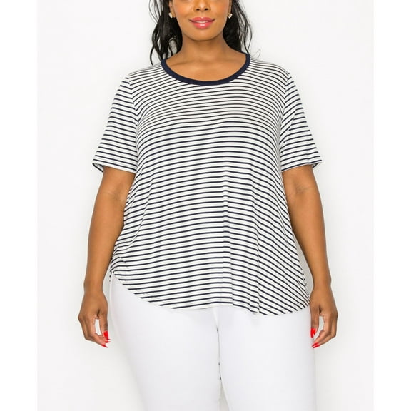 Plus Size Contrast Binding Scoop Neck Short Sleeve Top Ivory Navy 2X