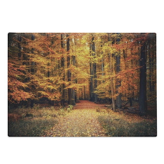 Forest Cutting Board, Fall Photo in National Park Vivid Leaf Plant Eco Earth Theme, Decorative Tempered Glass Cutting and Serving Board, Large Size, Orange Brown, by Ambesonne