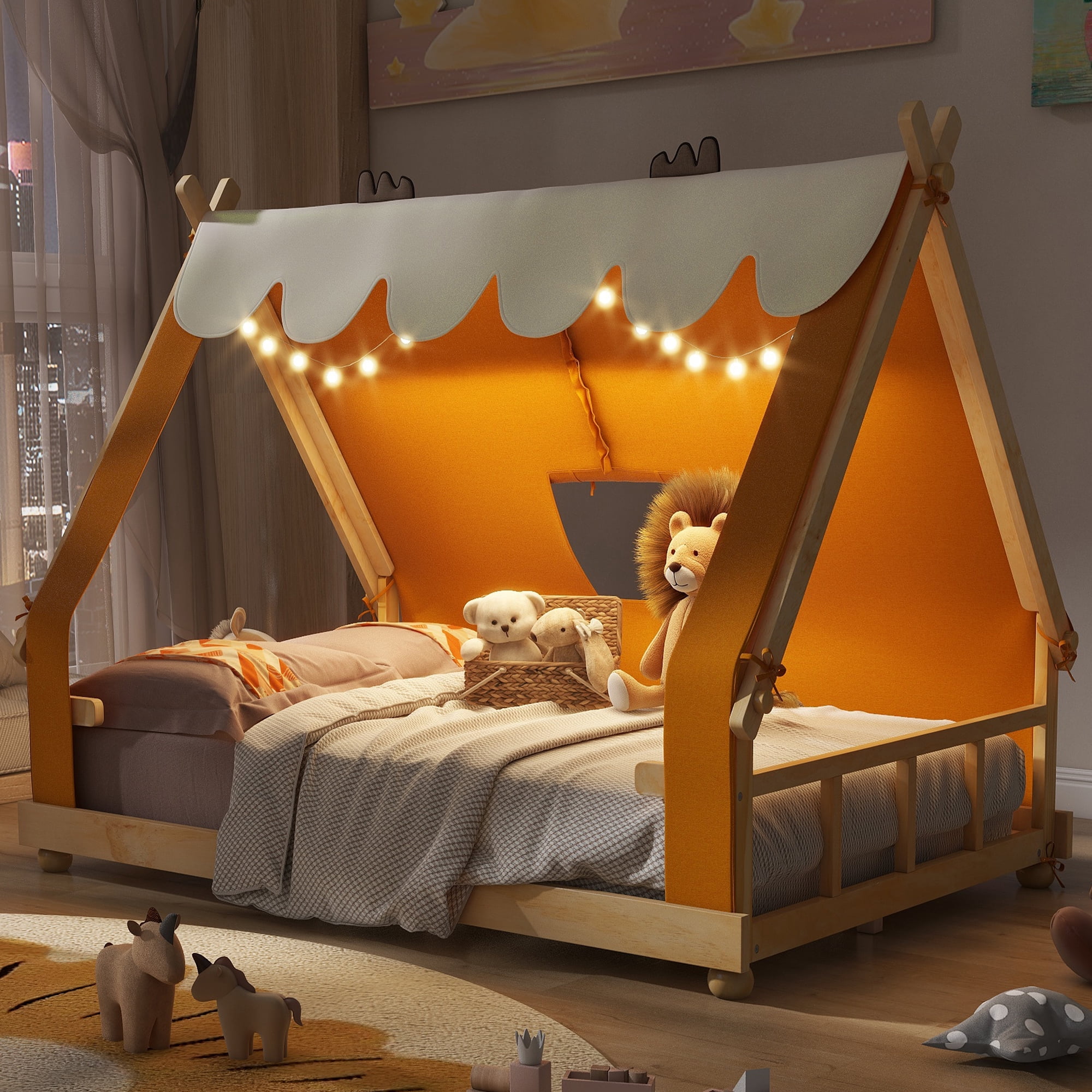 Full Size House Bed with Tent and Light,Brown