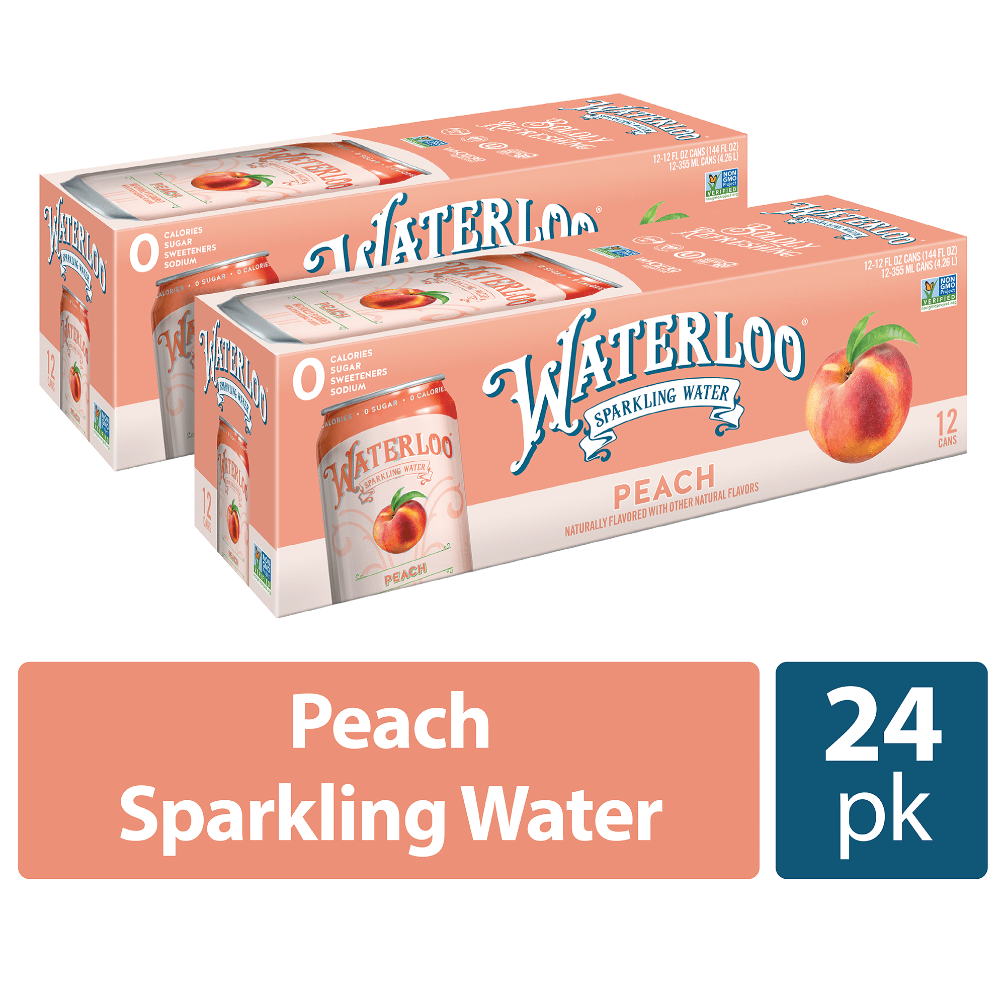 Waterloo Sparkling Water, Peach, 12 fl oz, 24 Pack Cans