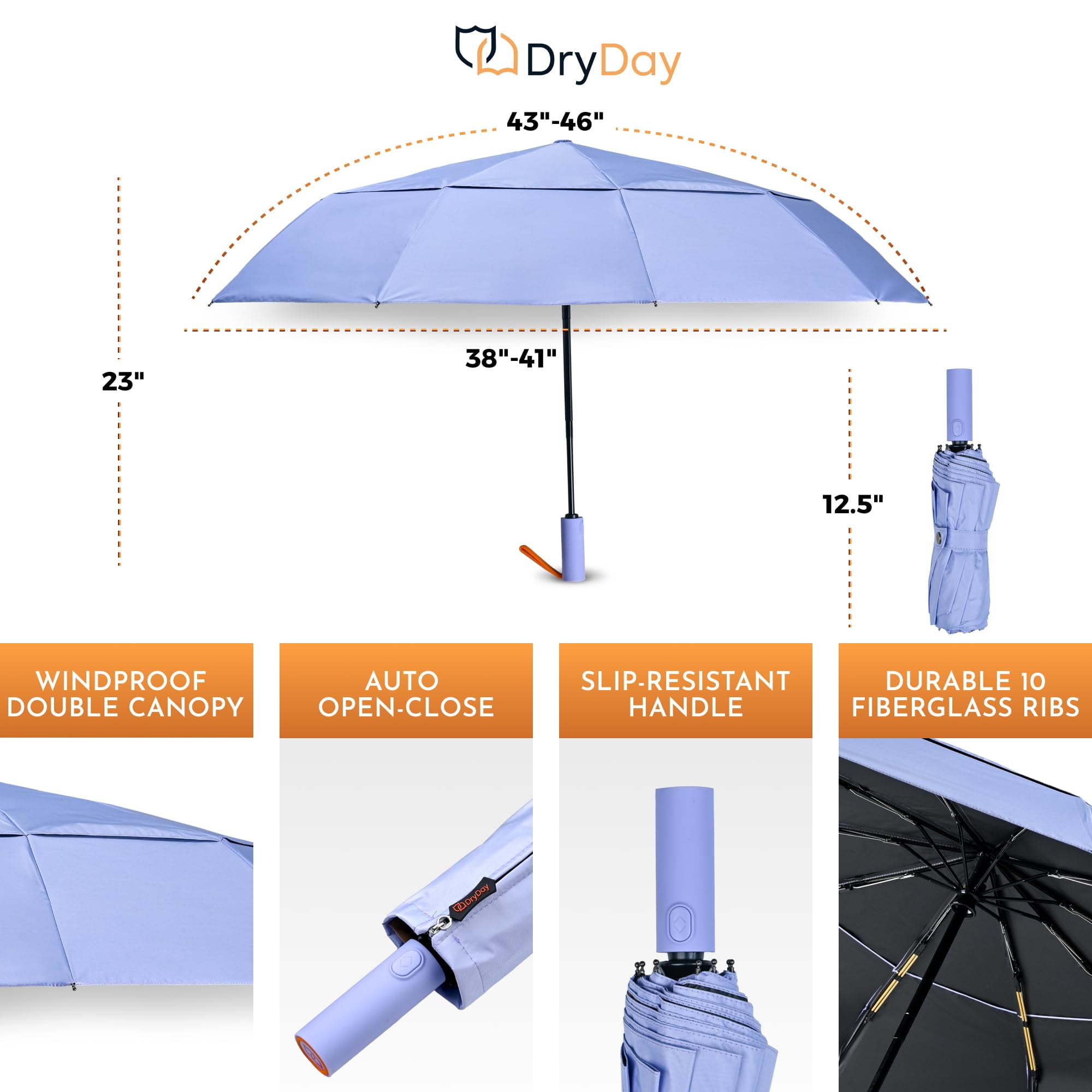 DryDay 46" Travel Umbrellas for Rain - Large Windproof Double Canopy Umbrella, 10 Durable Ribs, Strong Frame, Auto Open Close Ergonomic Handle, Compact Waterproof Umbrella for Women & Men, PalePurple