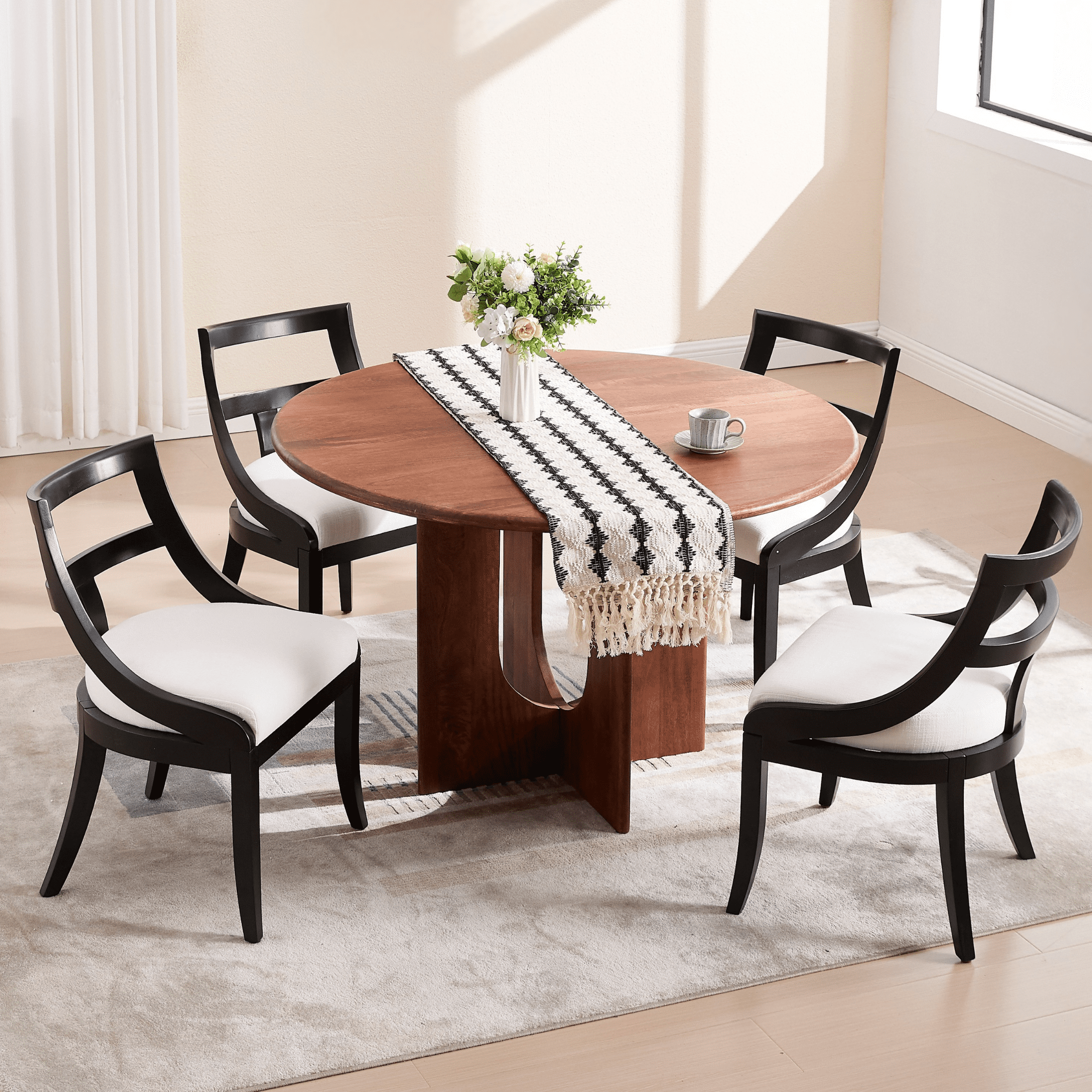 Guyou Modern Farmhouse Dining Chairs Mid Century Upholstered Dining Chair with Wooden Curved Back Kitchen Chairs for Dining Room Restaurant Cafe, Black-Linen Beige(Set of 4)
