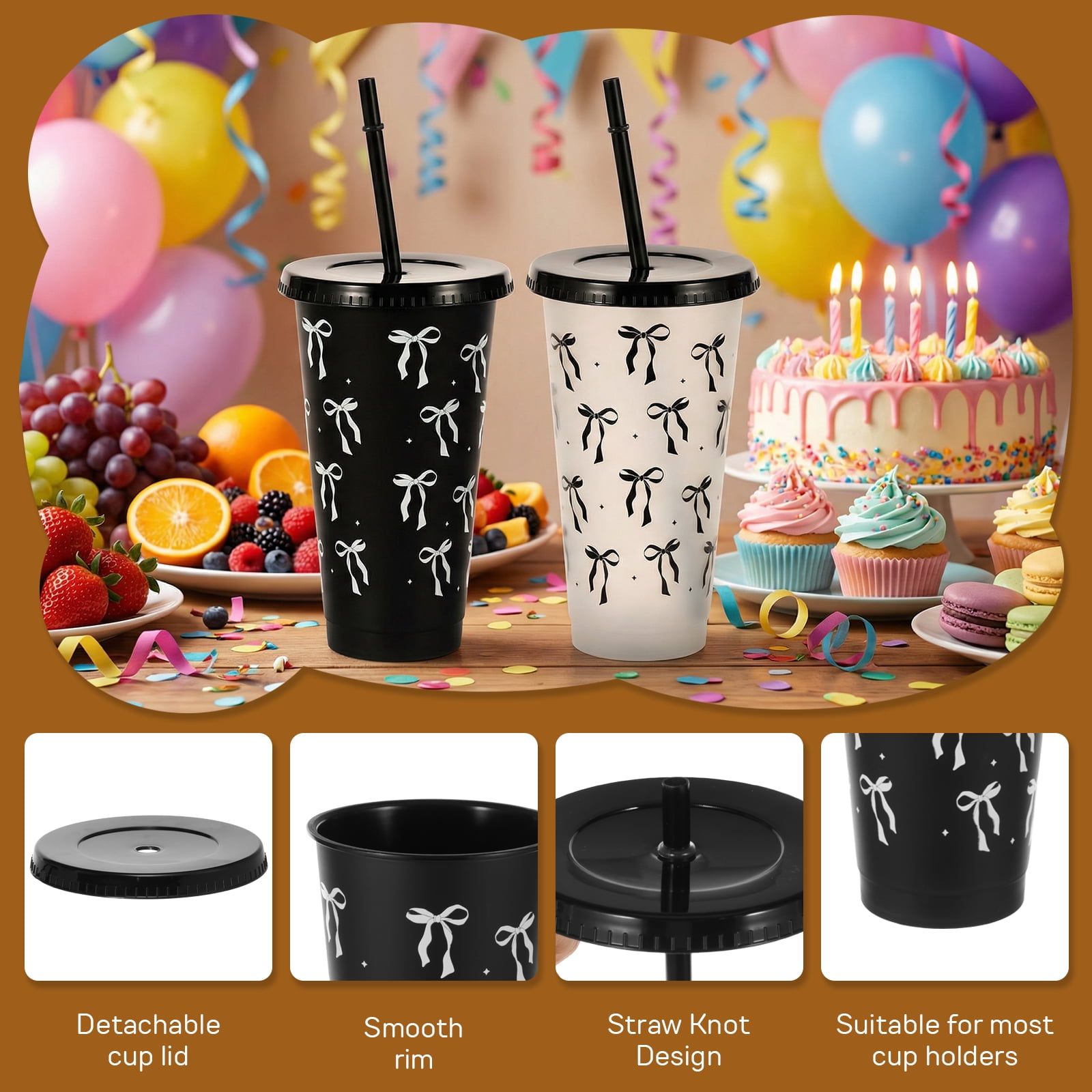 24 Pcs 24oz Bow Plastic Cup with Lid Straw and Ribbon Reusable Tumbler for Birthday Wedding Baby Shower Bridal Party Black