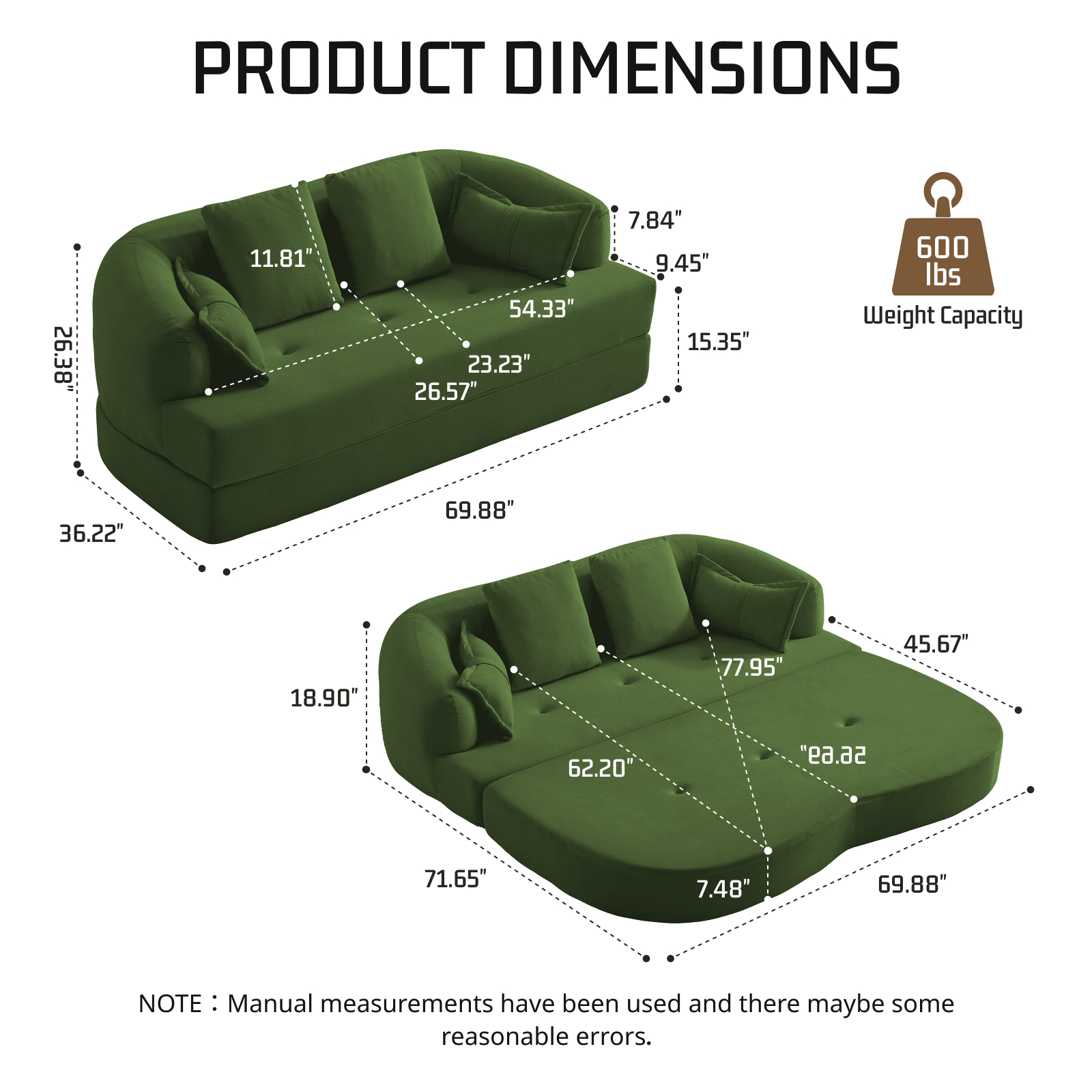 Lunale 70" Convertible Sofa Bed, 2-in-1 Sleeper Sofa, Chenille Boneless Couch for Small Spaces, Green