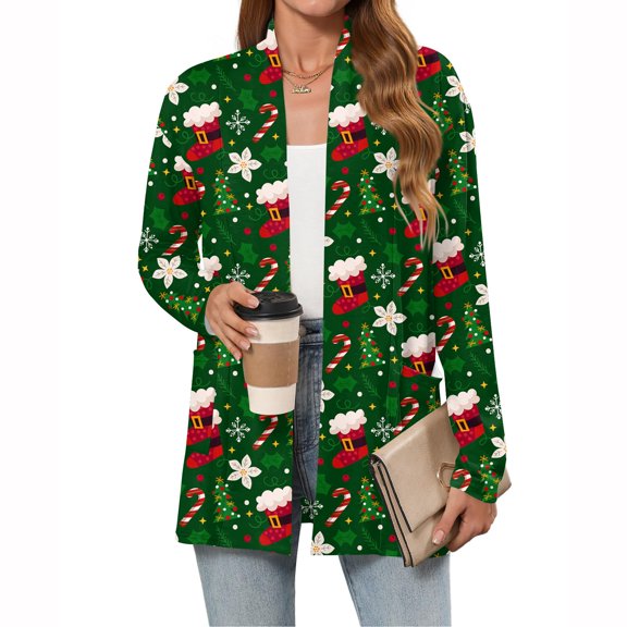 Women's Christmas Cartoon Character Printed Lightweight Cardigan, Long Sleeved Casual Loose Thin Fit Jacket with Pockets for Fun Festive Apparel,Army Green,L